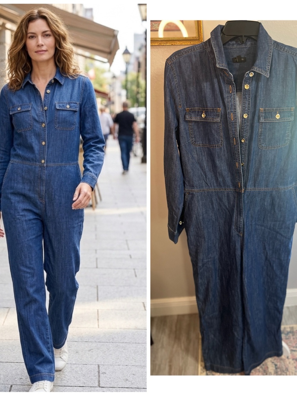 TALBOTS Denim Jumpsuit Medium Pockets Button Down Long Sleeve